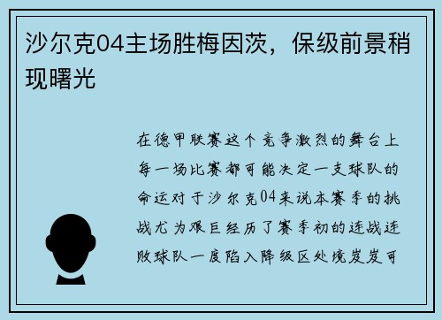 沙尔克04主场胜梅因茨，保级前景稍现曙光