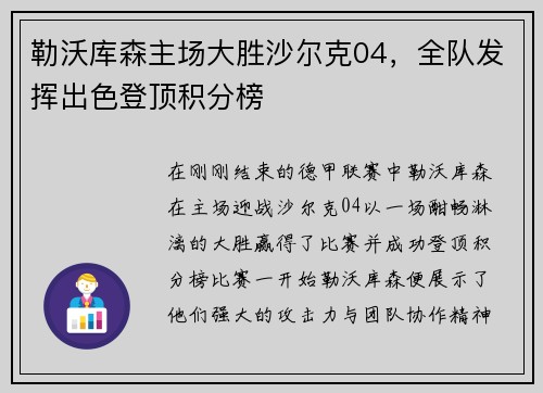勒沃库森主场大胜沙尔克04，全队发挥出色登顶积分榜