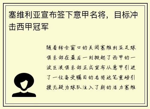 塞维利亚宣布签下意甲名将，目标冲击西甲冠军