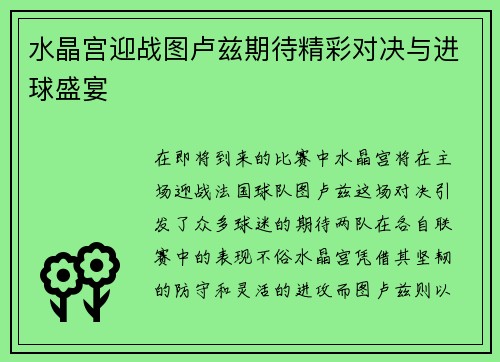 水晶宫迎战图卢兹期待精彩对决与进球盛宴