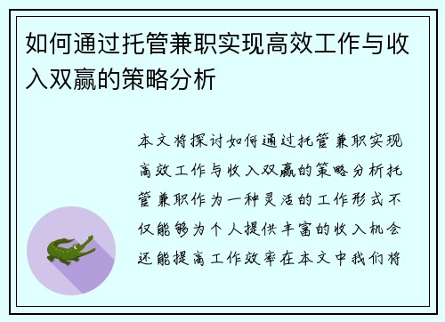 如何通过托管兼职实现高效工作与收入双赢的策略分析