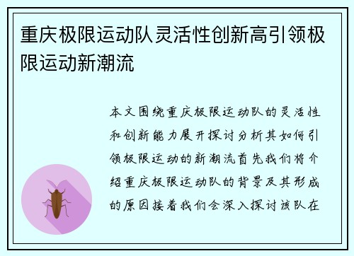 重庆极限运动队灵活性创新高引领极限运动新潮流