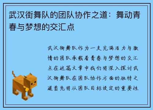 武汉街舞队的团队协作之道：舞动青春与梦想的交汇点